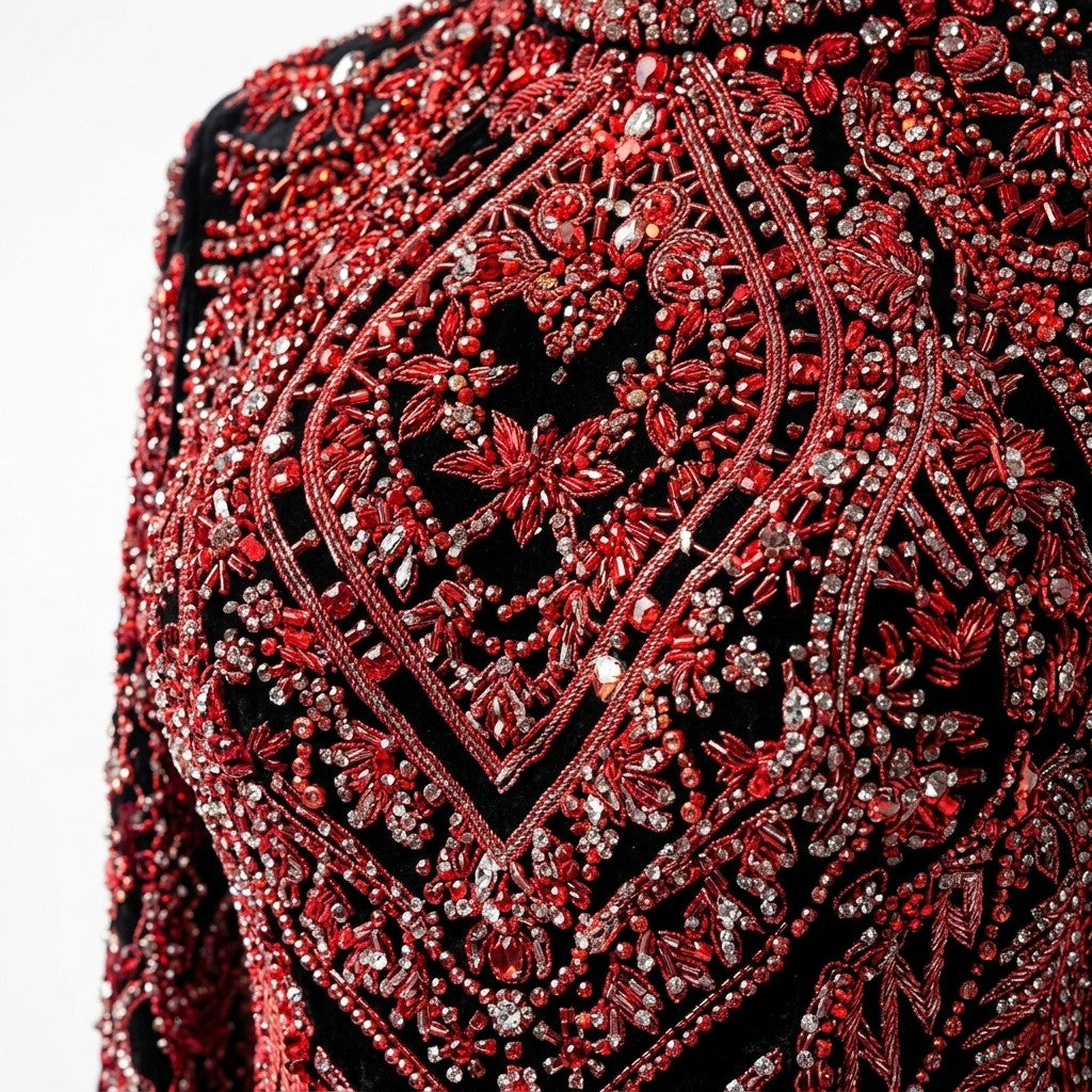 Zeb Tan Luxury Hand-Embroidered Crimson Beaded Velvet Jacket – Premium Export Edition