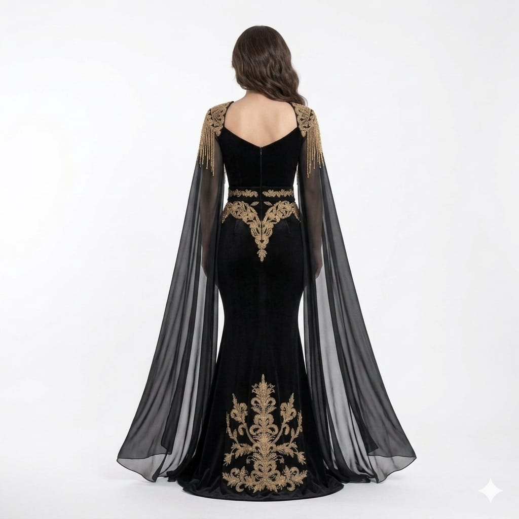 Empress Noir Velvet Gold-Embroidered Cape Gown with Kinetic Beaded Fringe