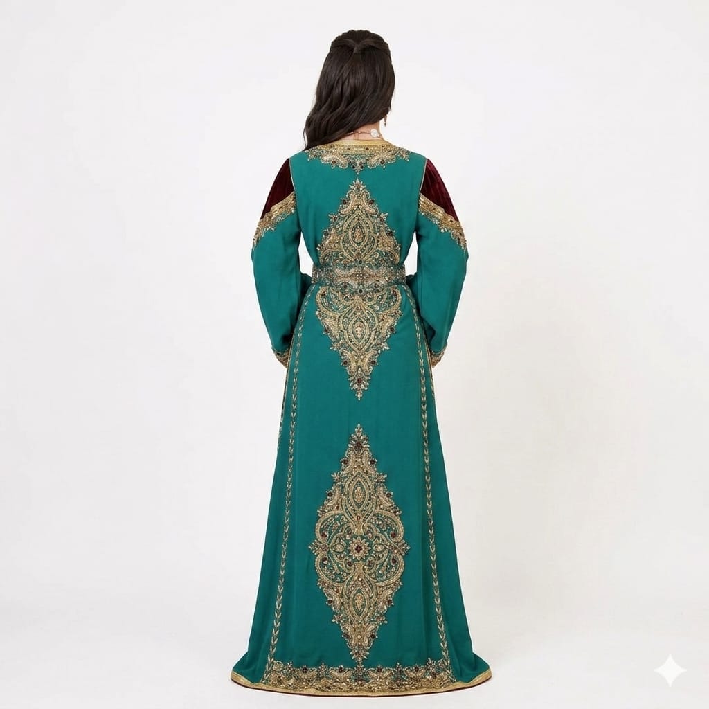 Royal Teal and Maroon Velvet Hand-Embroidered Luxury Moroccan Kaftan Jalabiya