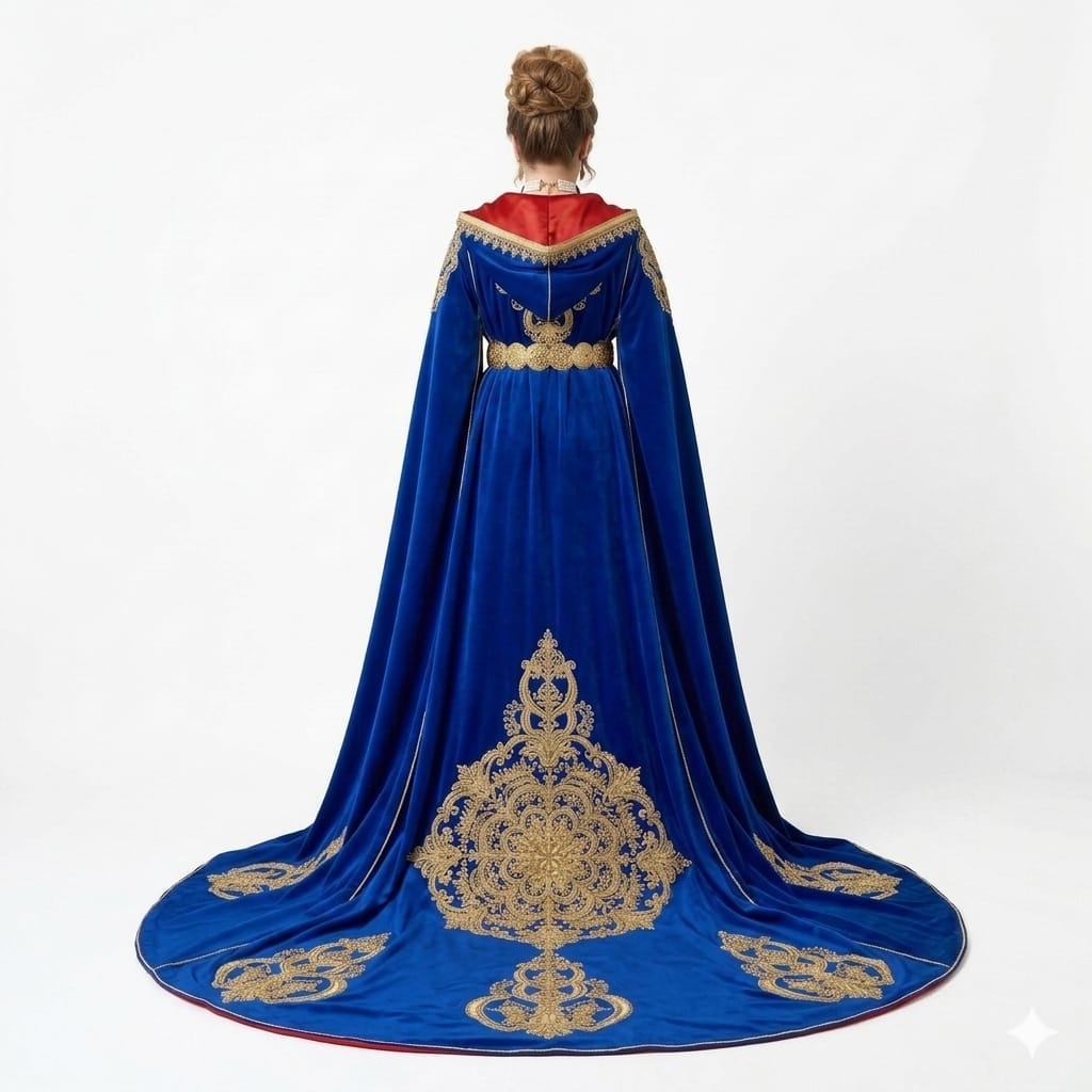 Royal Sapphire Gold-Embroidered Moroccan Takchita Cape Gown with Crimson Lining