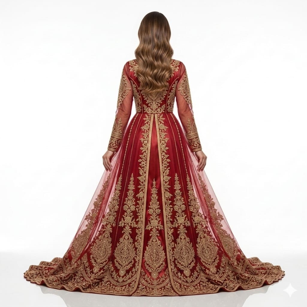 Royal Crimson & Gold Hand-Embellished Moroccan Caftan Gown | Premium Takchita Wholesale