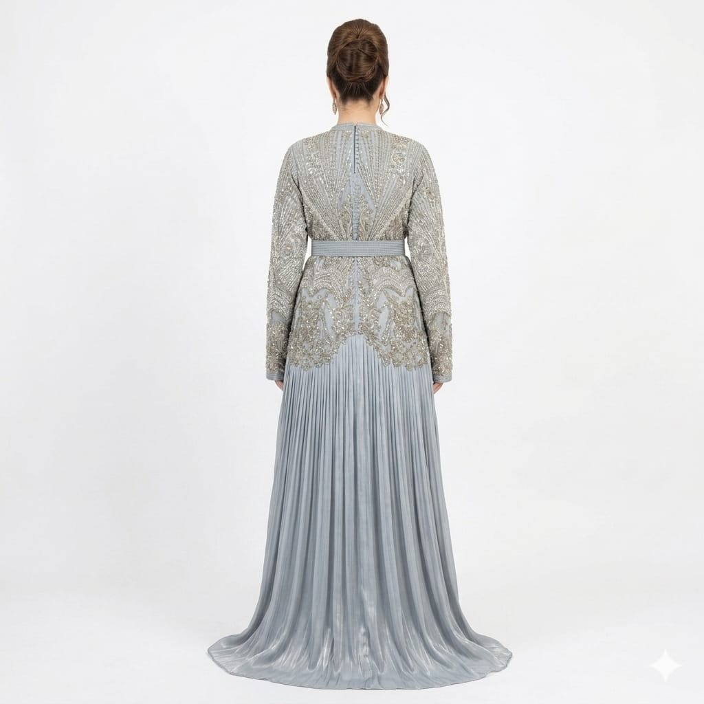 Ice Blue Pleated Hand-Embroidered Luxury Moroccan Kaftan Gown with Coordinated Belt