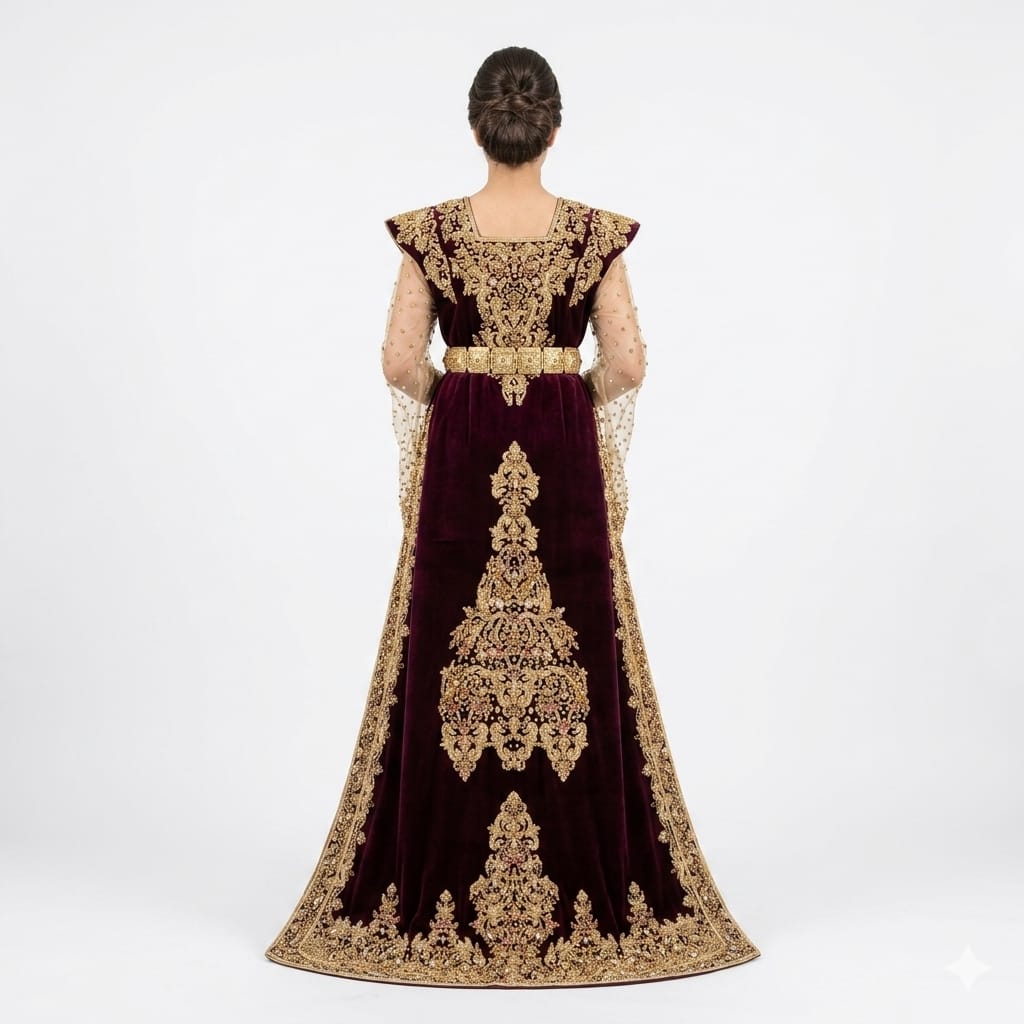 Imperial Burgundy Velvet Gold-Embroidered Moroccan Takchita Gown with Illusion Sleeves