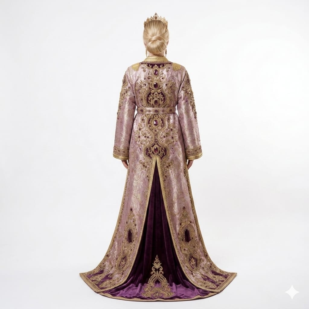 Royal Lavender Brocade and Violet Velvet Hand-Embroidered Luxury Moroccan Takchita Kaftan Gown