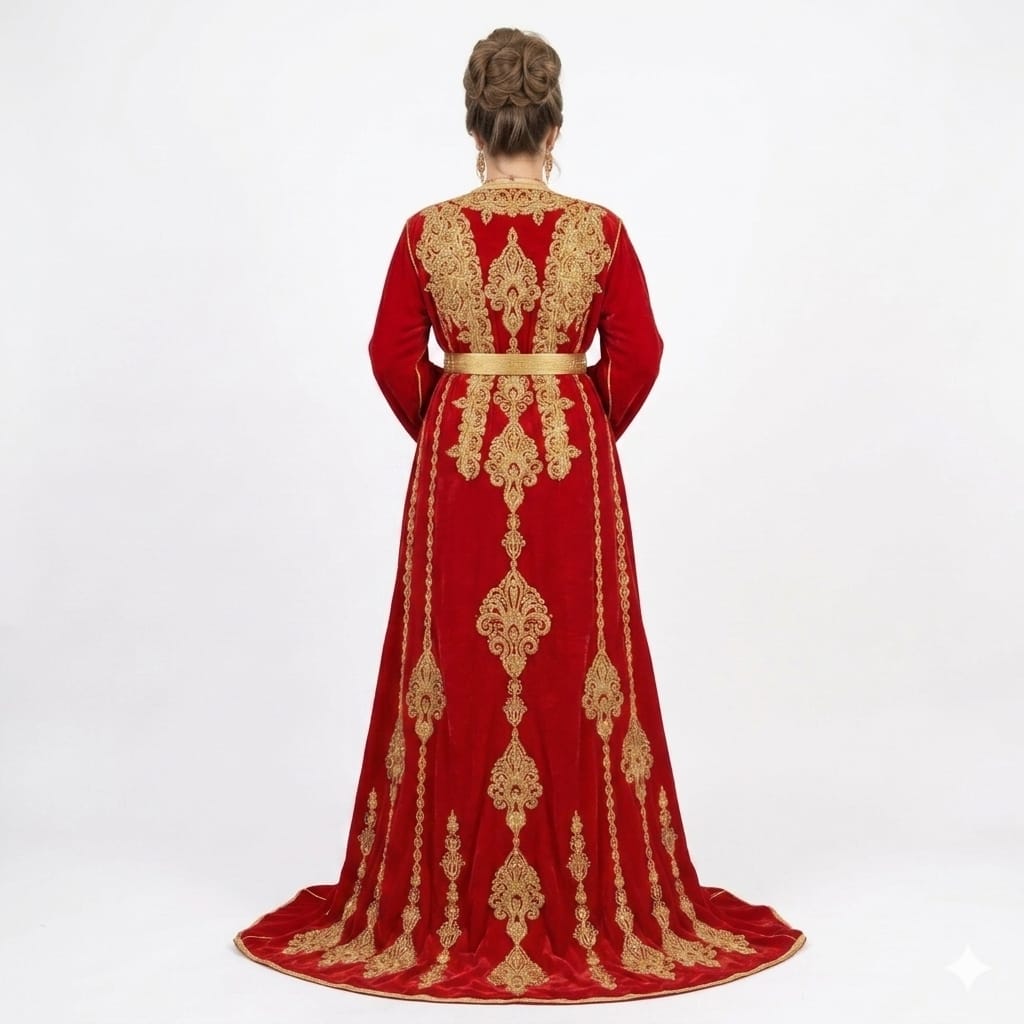 Royal Crimson Velvet Gold-Embroidered Moroccan Takchita Kaftan Gown