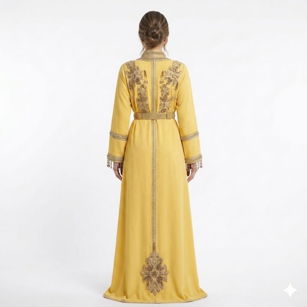 Saffron Gold Hand-Embroidered Luxury Moroccan Kaftan Gown with Metallic Filigree Belt
