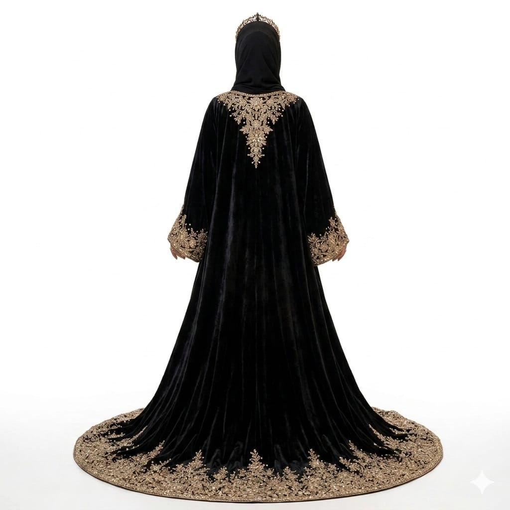 Royal Sultana Hand-Embroidered Black Velvet Luxury Abaya Kaftan