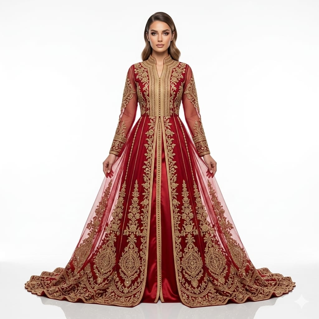 Royal Crimson & Gold Hand-Embellished Moroccan Caftan Gown | Premium Takchita Wholesale