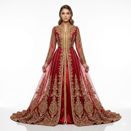 Royal Crimson & Gold Hand-Embellished Moroccan Caftan Gown | Premium Takchita Wholesale