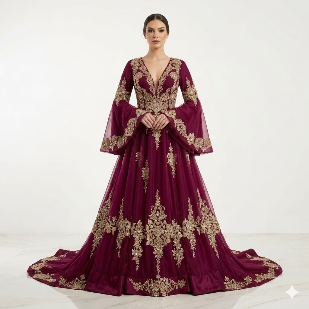 Imperial Plum Gold-Embroidered Luxury Kaftan Gown with Statement Flare Sleeves