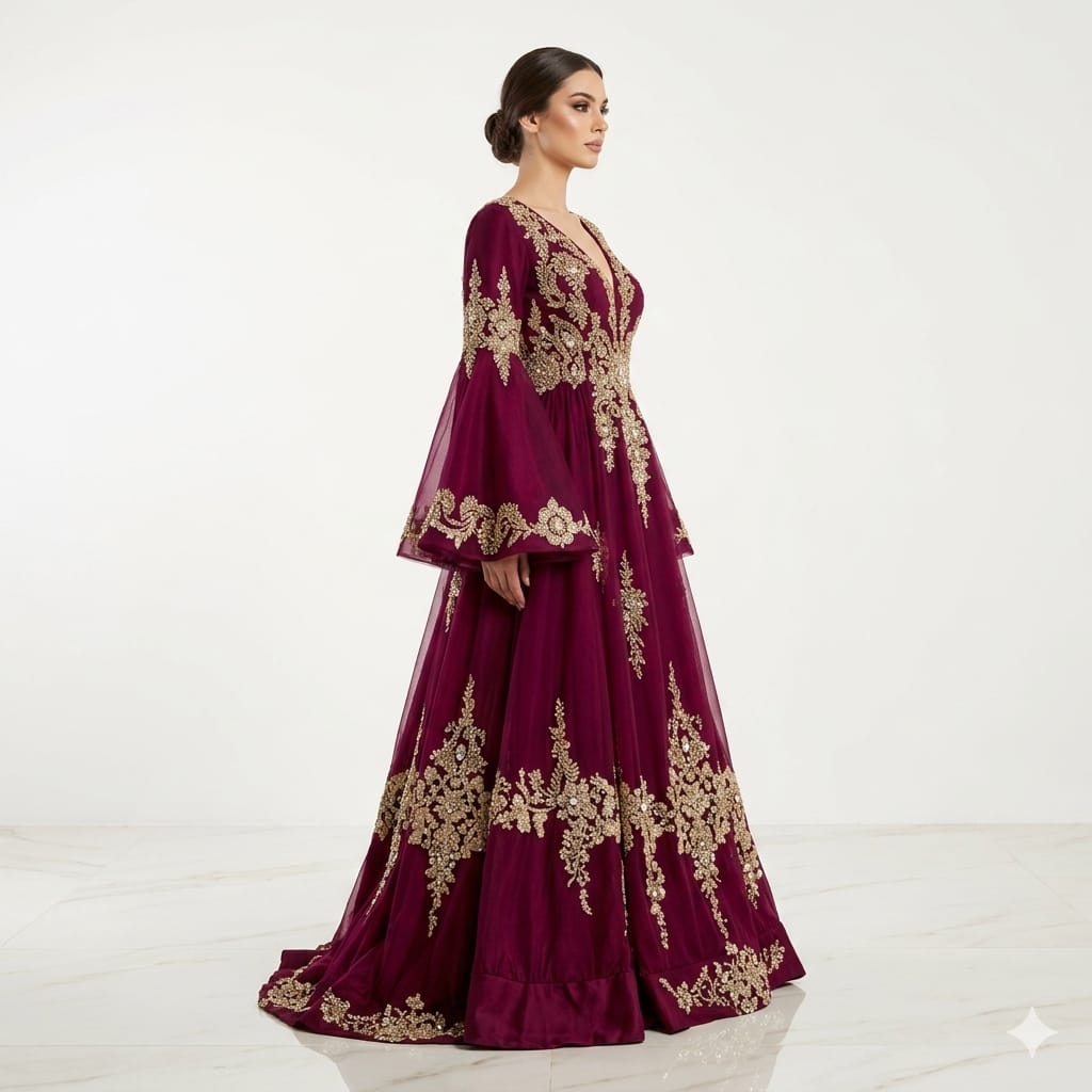 Imperial Plum Gold-Embroidered Luxury Kaftan Gown with Statement Flare Sleeves