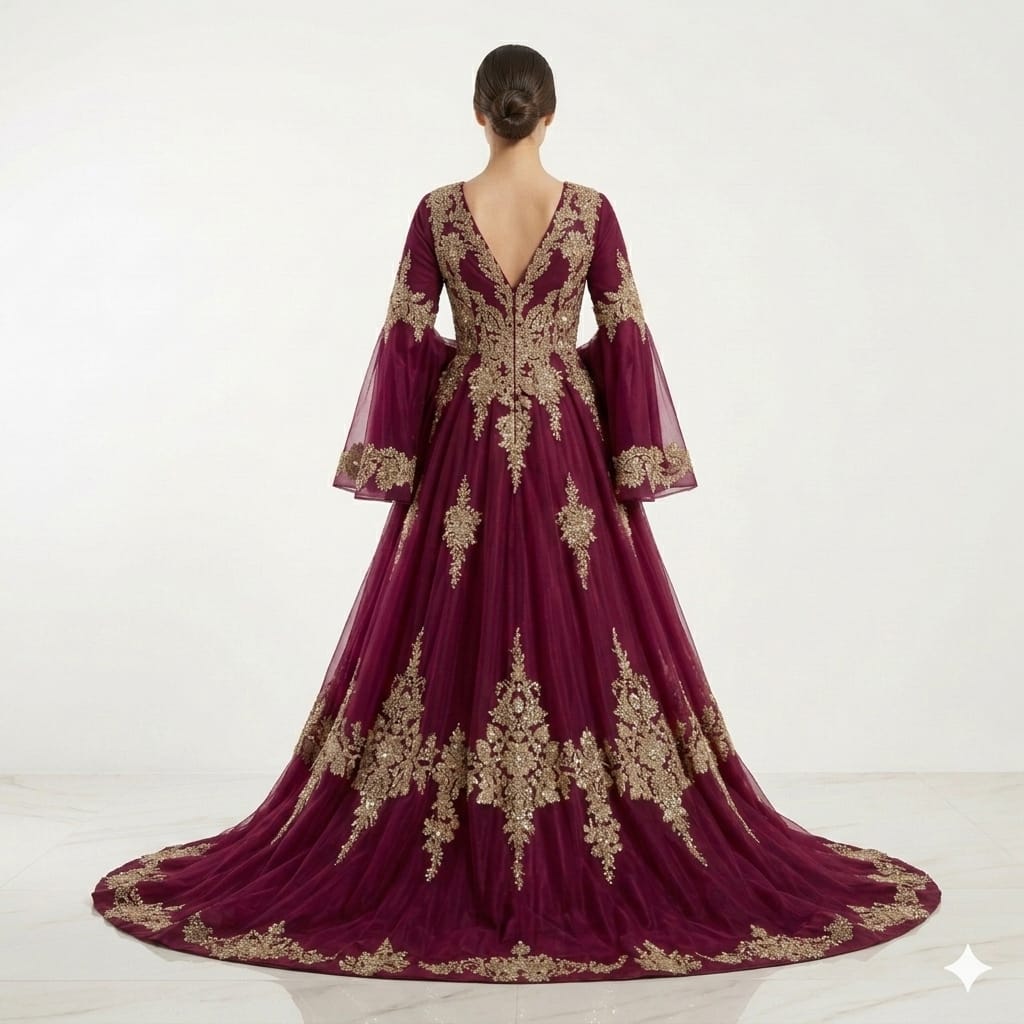 Imperial Plum Gold-Embroidered Luxury Kaftan Gown with Statement Flare Sleeves