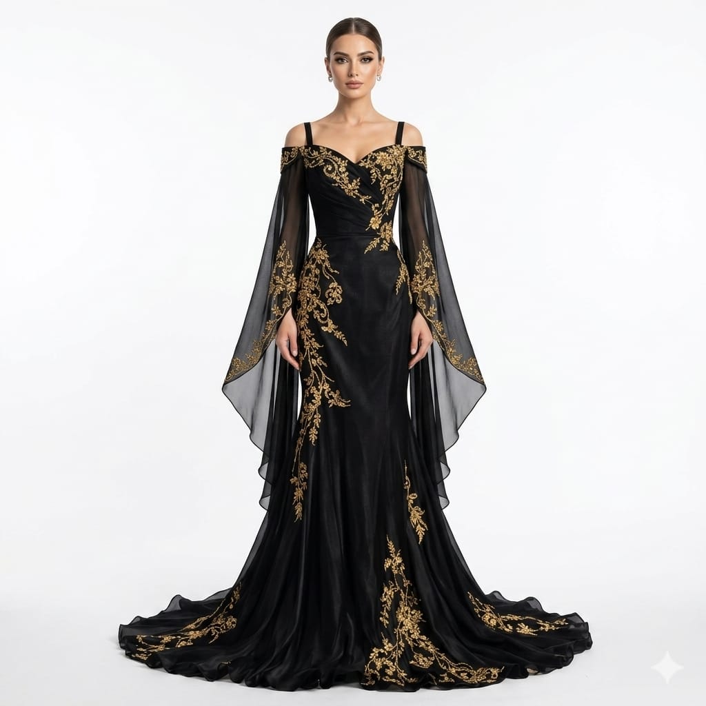 Midnight Onyx Gold-Embroidered Cape Sleeve Luxury Evening Gown