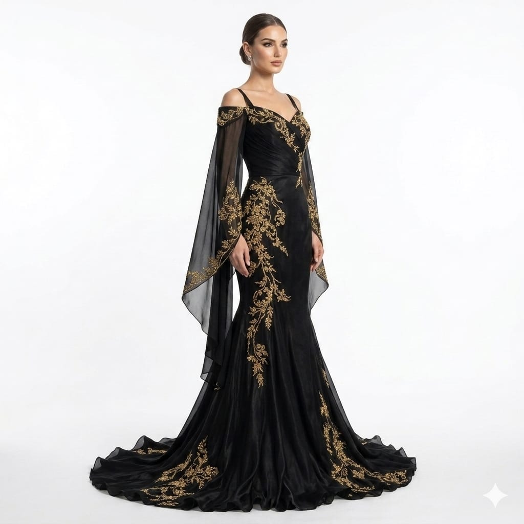 Midnight Onyx Gold-Embroidered Cape Sleeve Luxury Evening Gown