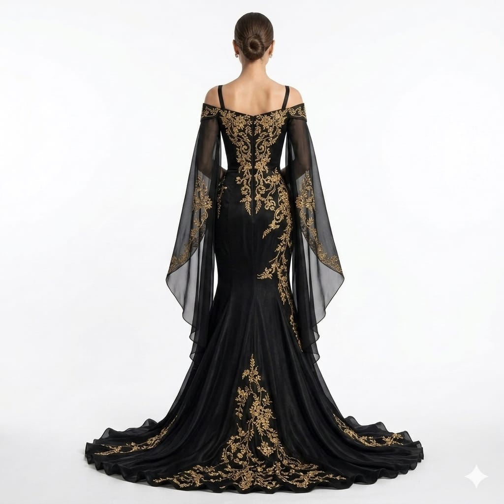 Midnight Onyx Gold-Embroidered Cape Sleeve Luxury Evening Gown
