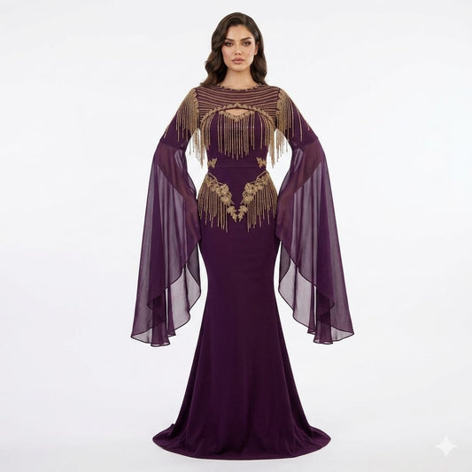 Royal Amethyst Gold Beaded Fringe Luxury Mermaid Gown with Chiffon Flare Sleeves