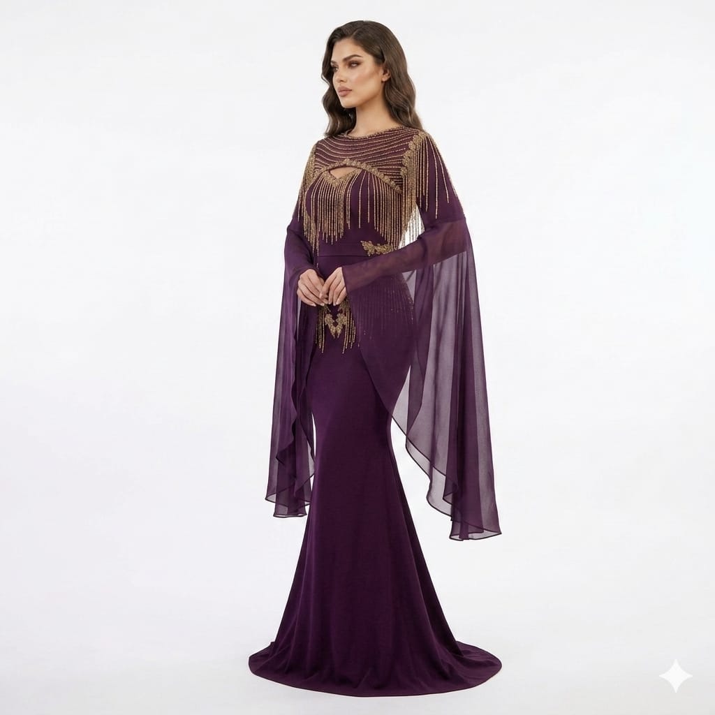 Royal Amethyst Gold Beaded Fringe Luxury Mermaid Gown with Chiffon Flare Sleeves