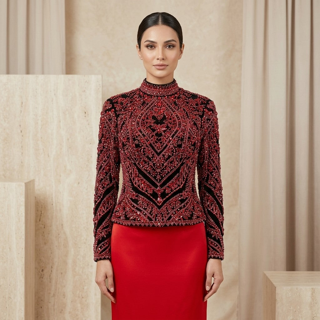 Zeb Tan Luxury Hand-Embroidered Crimson Beaded Velvet Jacket – Premium Export Edition