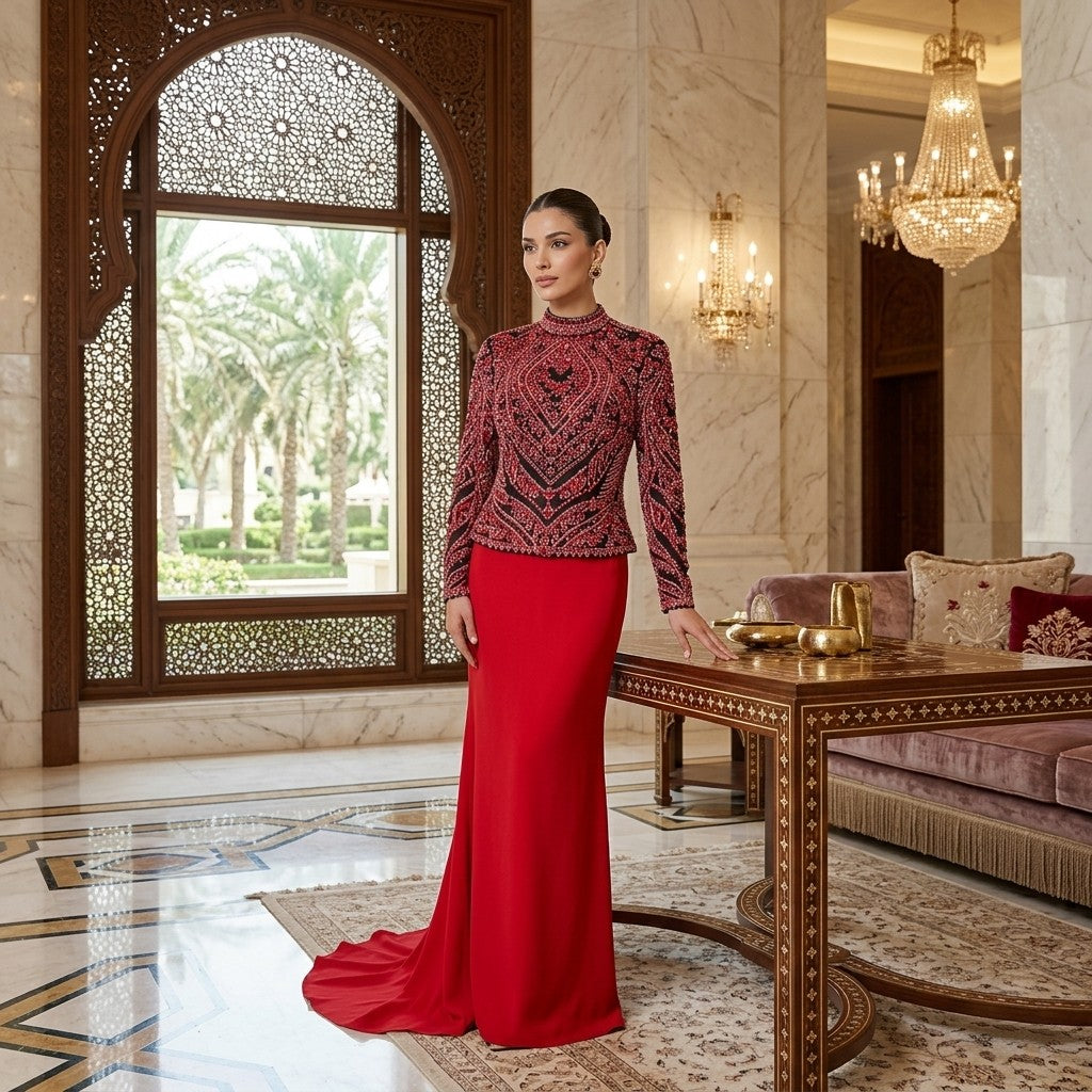 Zeb Tan Luxury Hand-Embroidered Crimson Beaded Velvet Jacket – Premium Export Edition