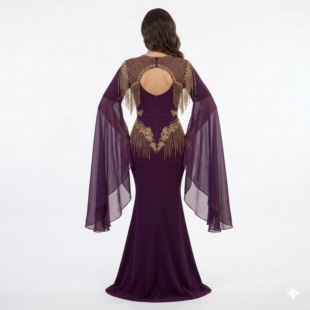 Royal Amethyst Gold Beaded Fringe Luxury Mermaid Gown with Chiffon Flare Sleeves