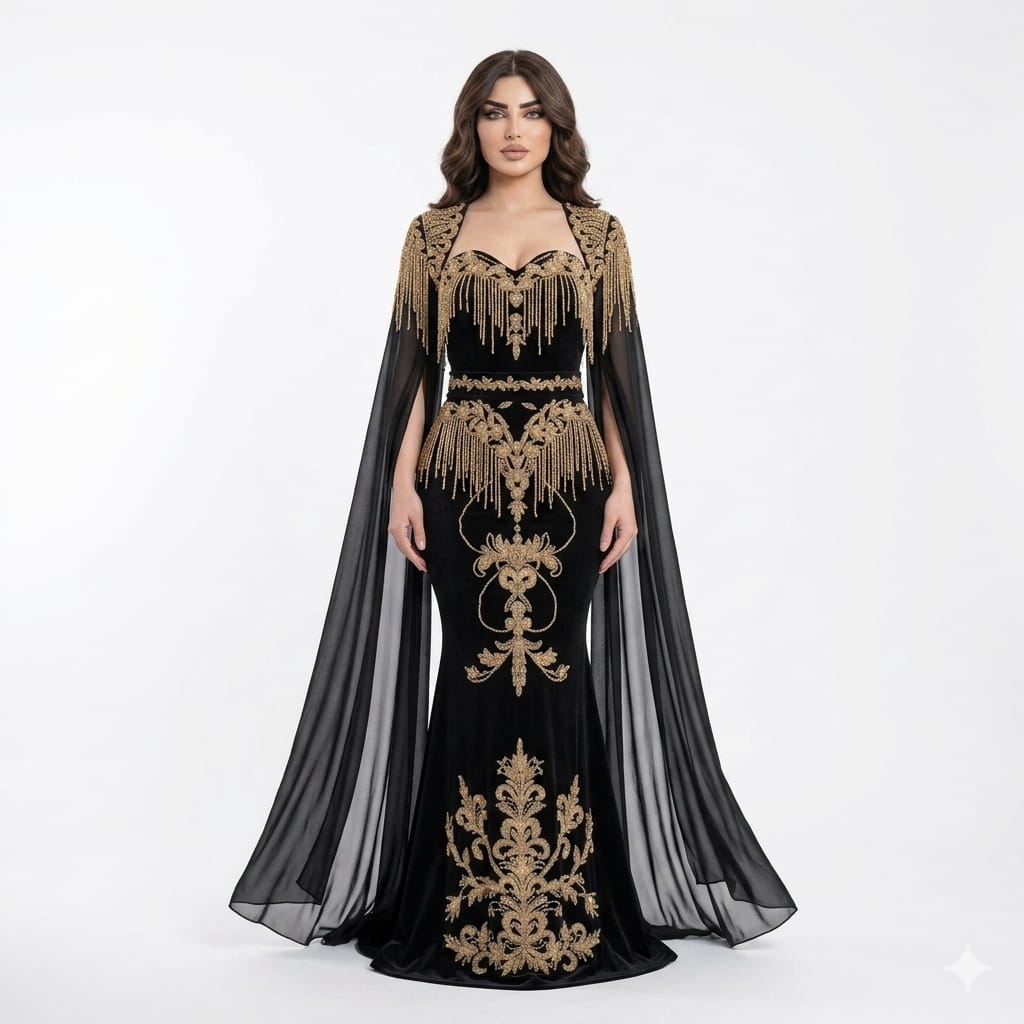 Empress Noir Velvet Gold-Embroidered Cape Gown with Kinetic Beaded Fringe