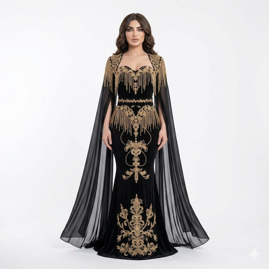 Empress Noir Velvet Gold-Embroidered Cape Gown with Kinetic Beaded Fringe