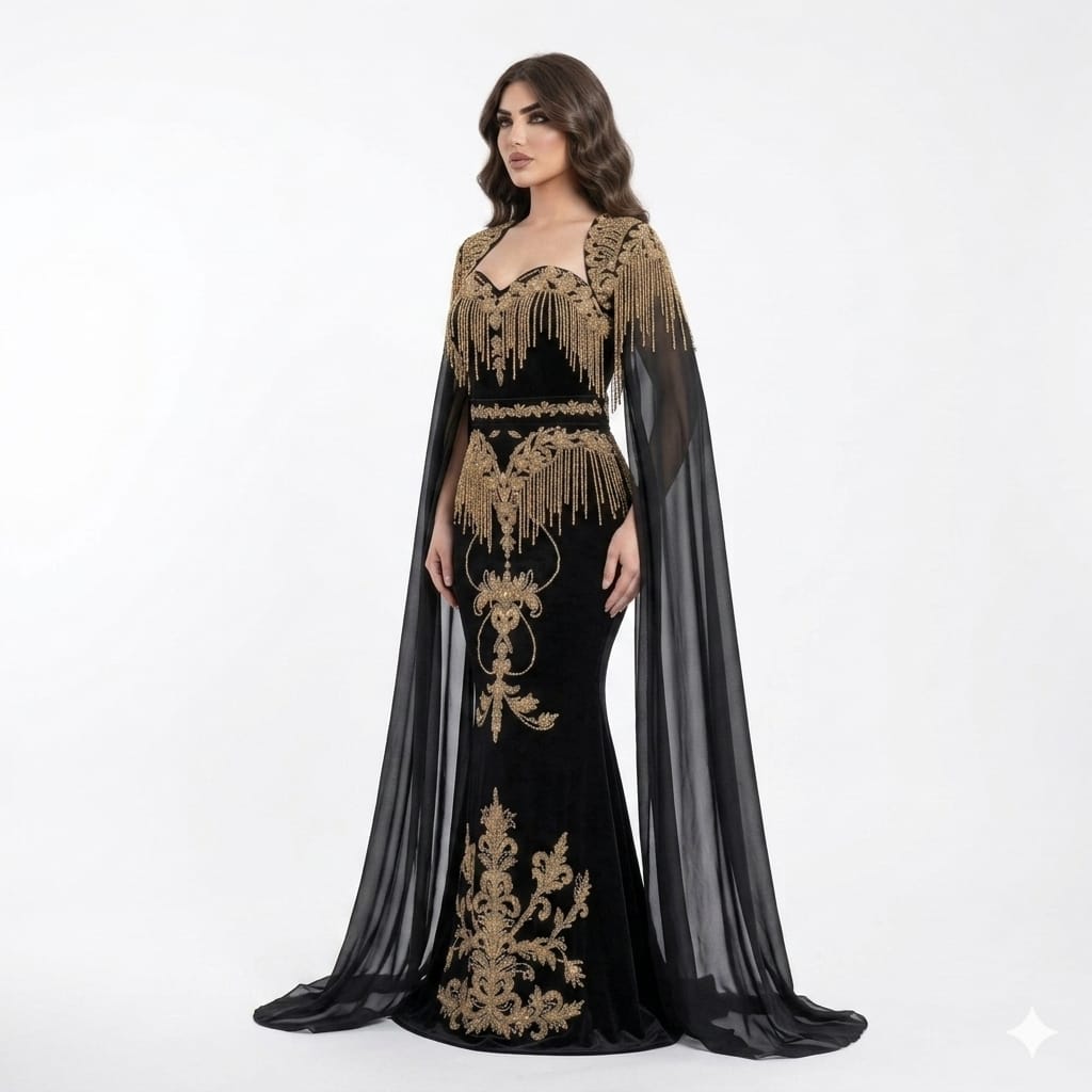Empress Noir Velvet Gold-Embroidered Cape Gown with Kinetic Beaded Fringe
