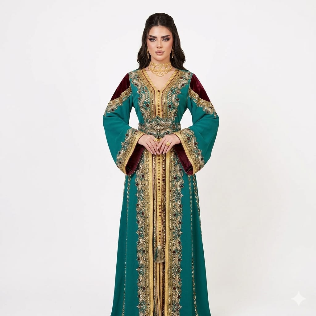Royal Teal and Maroon Velvet Hand-Embroidered Luxury Moroccan Kaftan Jalabiya