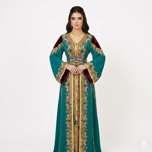 Royal Teal and Maroon Velvet Hand-Embroidered Luxury Moroccan Kaftan Jalabiya