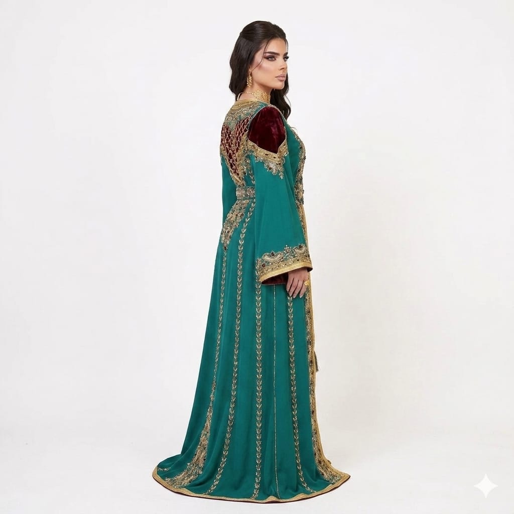 Royal Teal and Maroon Velvet Hand-Embroidered Luxury Moroccan Kaftan Jalabiya