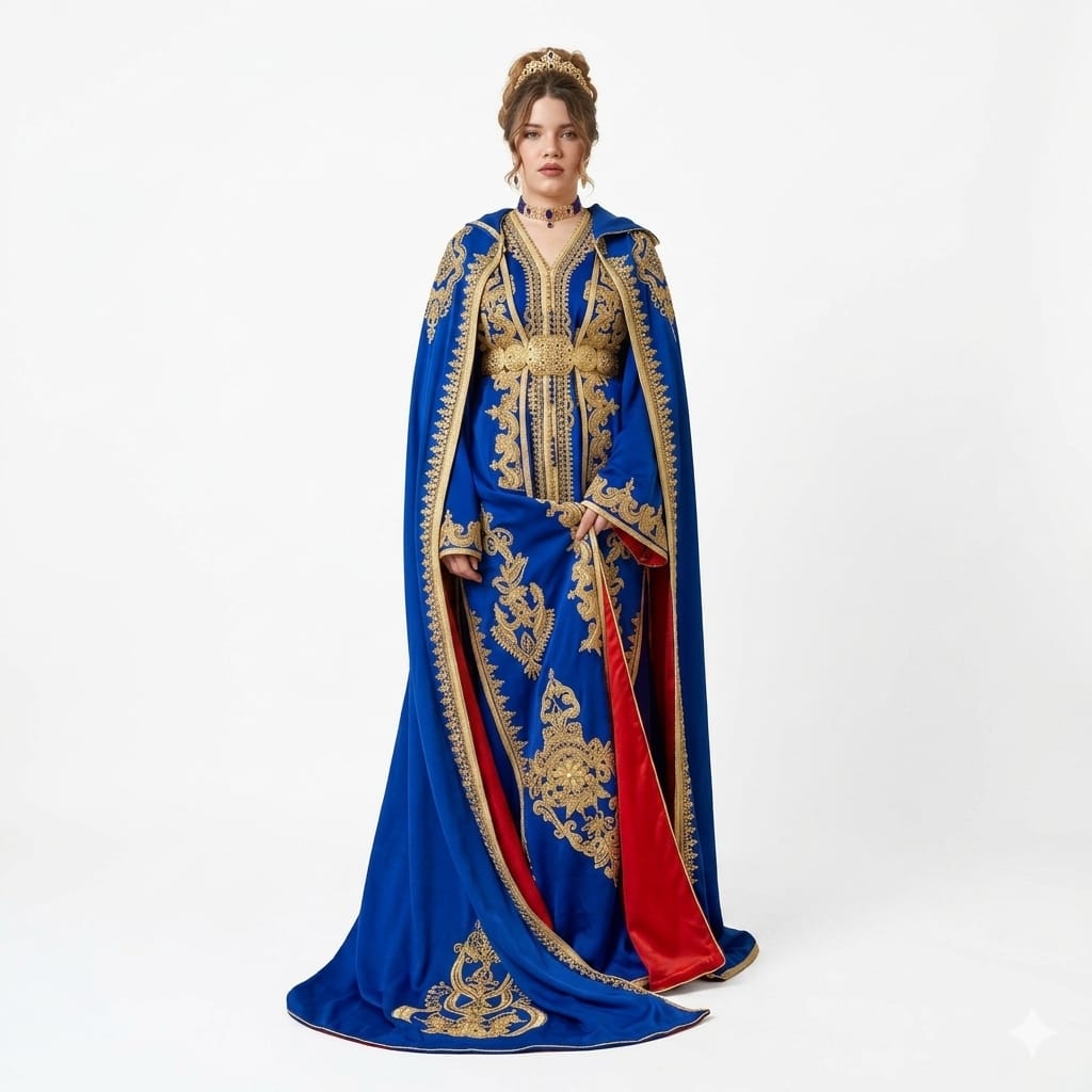 Royal Sapphire Gold-Embroidered Moroccan Takchita Cape Gown with Crimson Lining