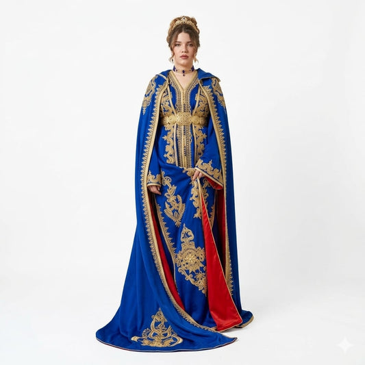 Royal Sapphire Gold-Embroidered Moroccan Takchita Cape Gown with Crimson Lining