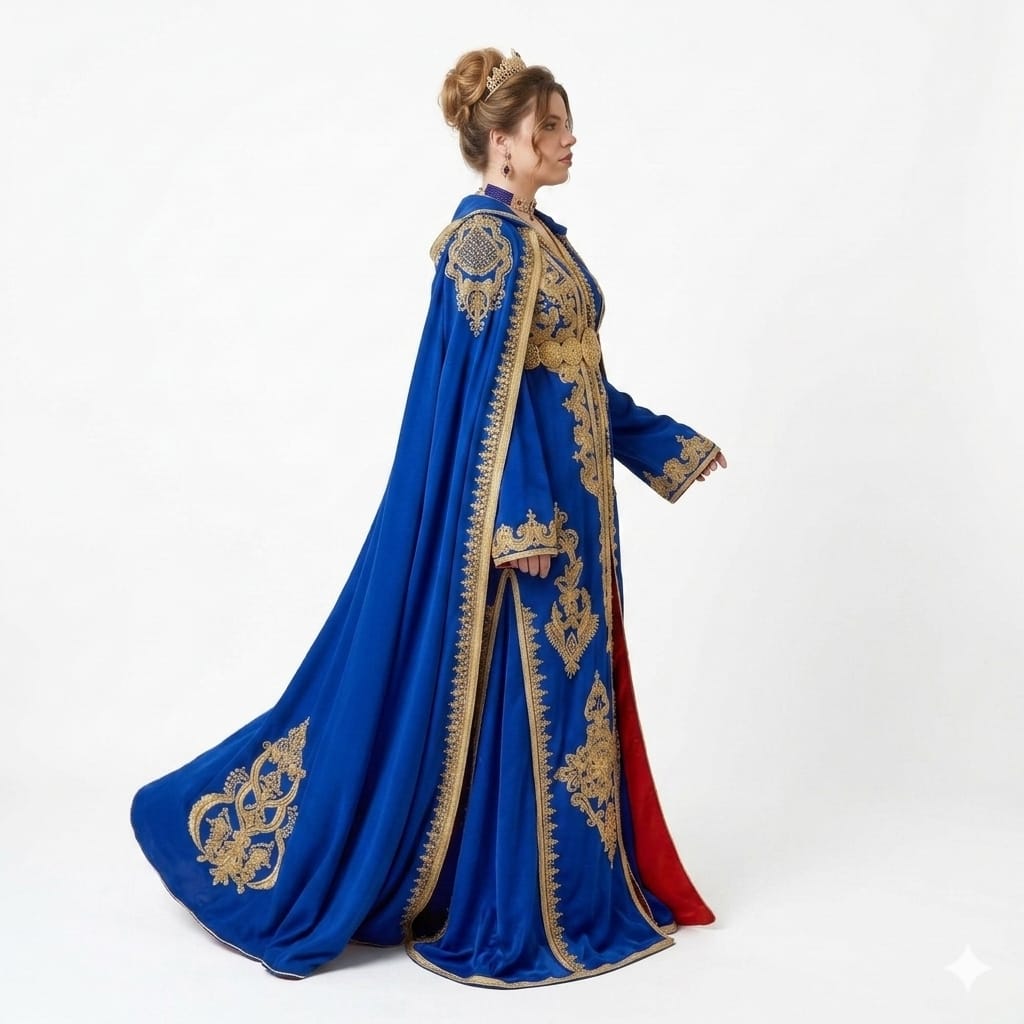 Royal Sapphire Gold-Embroidered Moroccan Takchita Cape Gown with Crimson Lining