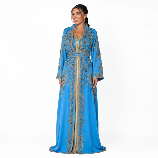 Azure Sky Gold-Embroidered Luxury Moroccan Kaftan Gown with Coordinated Belt