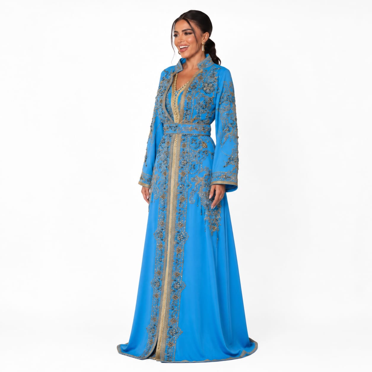 Azure Sky Gold-Embroidered Luxury Moroccan Kaftan Gown with Coordinated Belt