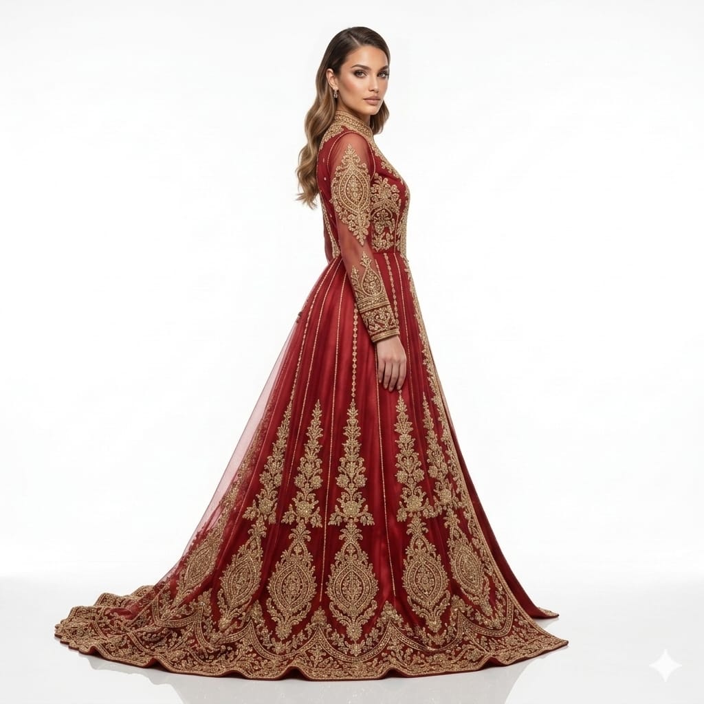 Royal Crimson & Gold Hand-Embellished Moroccan Caftan Gown | Premium Takchita Wholesale