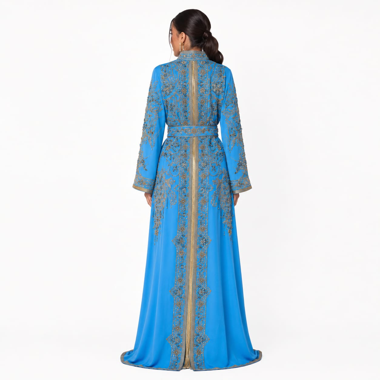 Azure Sky Gold-Embroidered Luxury Moroccan Kaftan Gown with Coordinated Belt