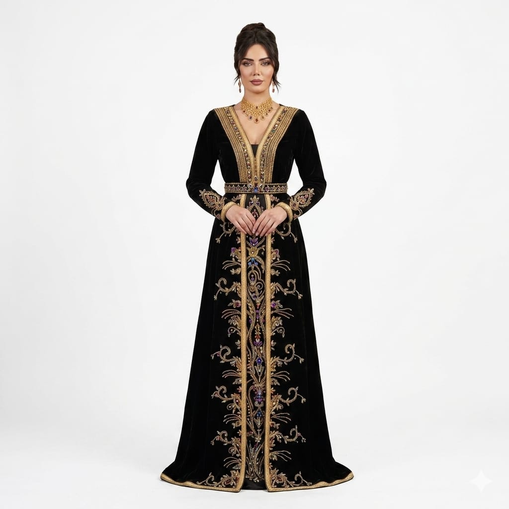 Sultana Noir Black Velvet Hand-Embroidered Luxury Moroccan Kaftan Gown