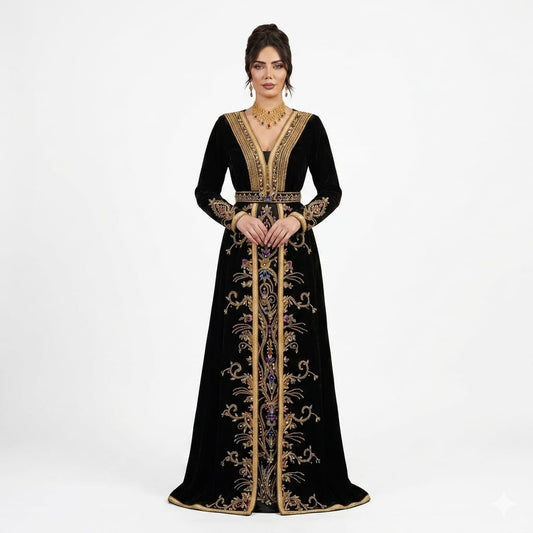 Sultana Noir Black Velvet Hand-Embroidered Luxury Moroccan Kaftan Gown