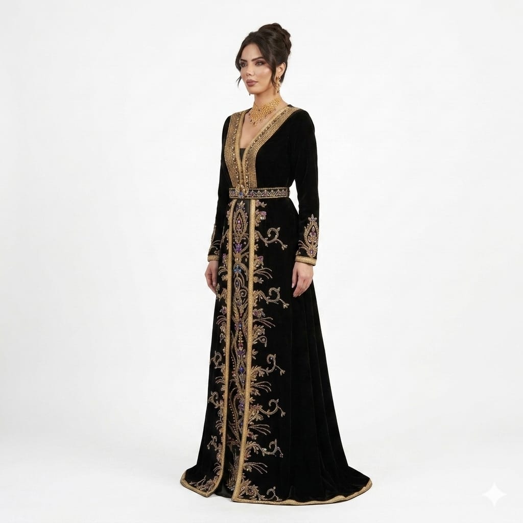 Sultana Noir Black Velvet Hand-Embroidered Luxury Moroccan Kaftan Gown