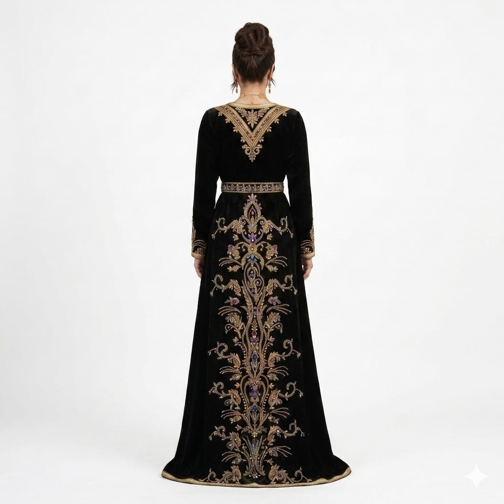Sultana Noir Black Velvet Hand-Embroidered Luxury Moroccan Kaftan Gown