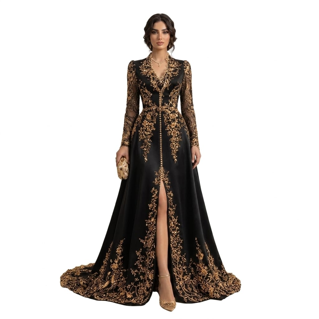 Noir Aurum Hand-Embroidered Satin Luxury Evening Gown with Sheer Illusion Sleeves