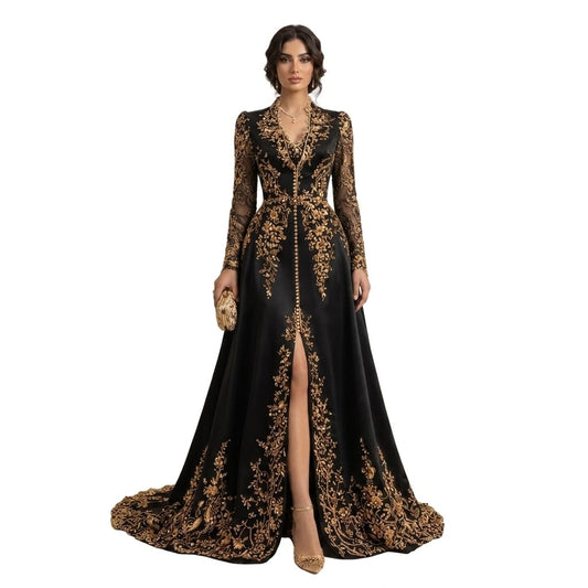 Noir Aurum Hand-Embroidered Satin Luxury Evening Gown with Sheer Illusion Sleeves