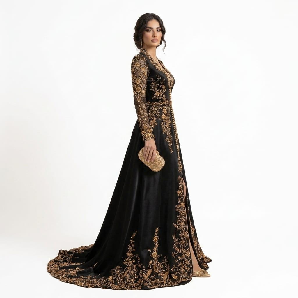 Noir Aurum Hand-Embroidered Satin Luxury Evening Gown with Sheer Illusion Sleeves