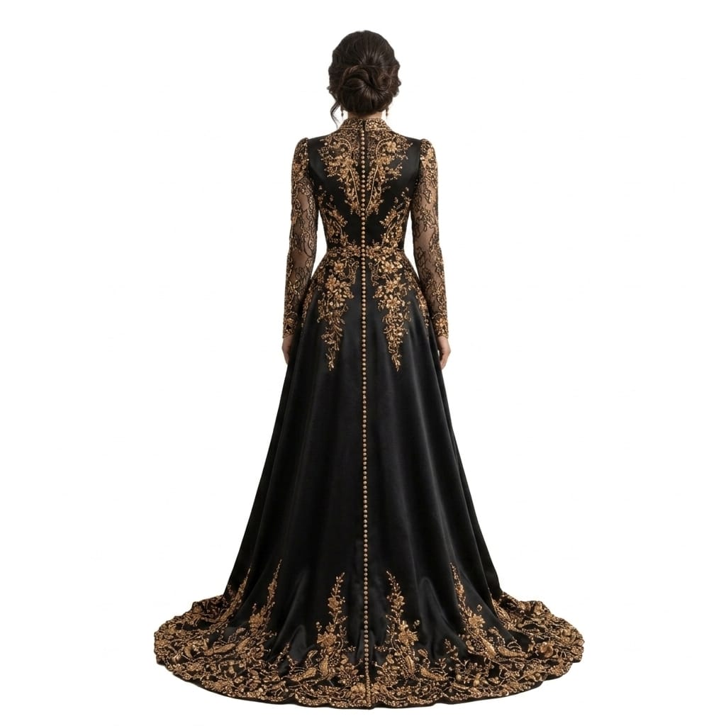 Noir Aurum Hand-Embroidered Satin Luxury Evening Gown with Sheer Illusion Sleeves
