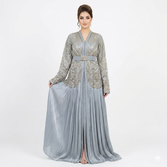 Ice Blue Pleated Hand-Embroidered Luxury Moroccan Kaftan Gown with Coordinated Belt