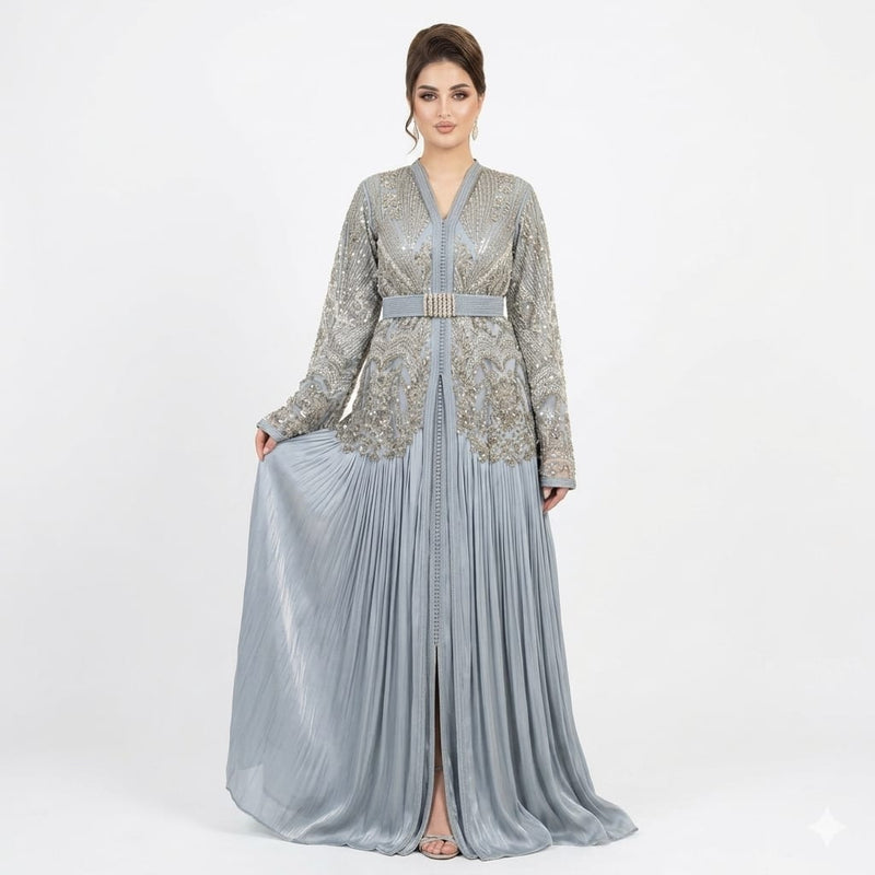 Ice Blue Pleated Hand-Embroidered Luxury Moroccan Kaftan Gown with Coordinated Belt