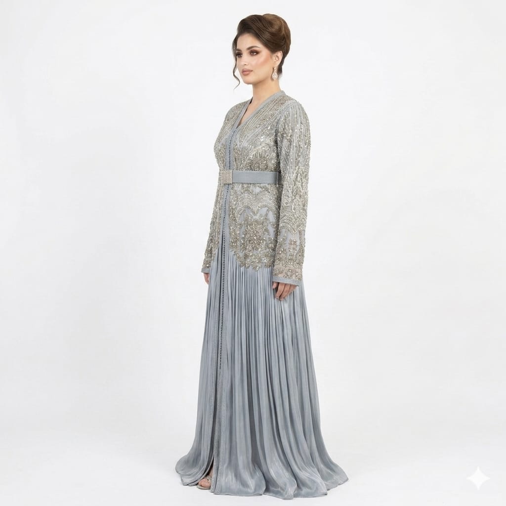 Ice Blue Pleated Hand-Embroidered Luxury Moroccan Kaftan Gown with Coordinated Belt