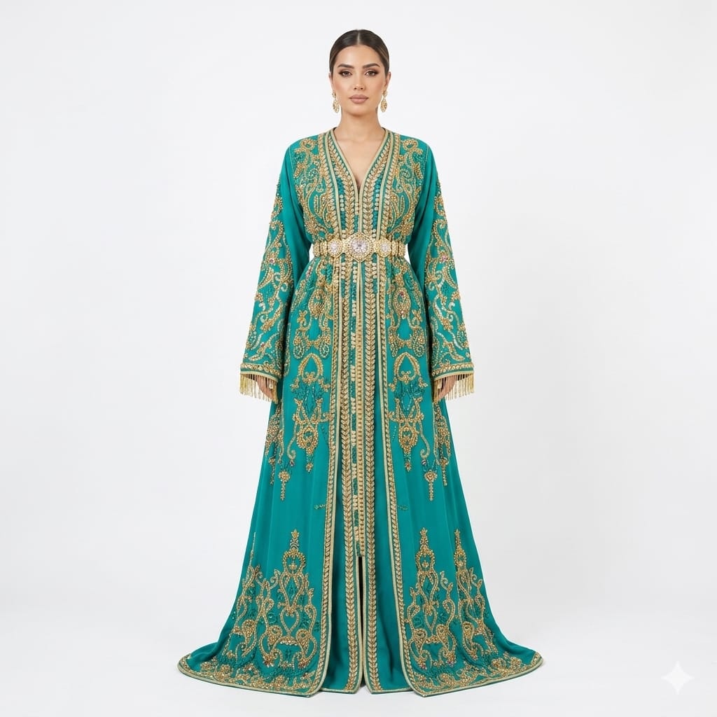 Royal Teal & Gold Embroidered Moroccan Caftan Gown with Luxury Embellished Belt | Premium Takchita Wholesale