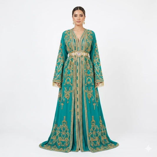 Royal Teal & Gold Embroidered Moroccan Caftan Gown with Luxury Embellished Belt | Premium Takchita Wholesale